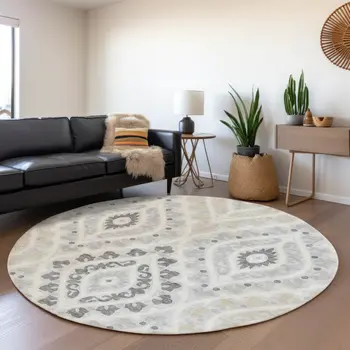 8' Silver Gray And Ivory Round Floral Washable Indoor Outdoor Area Rug