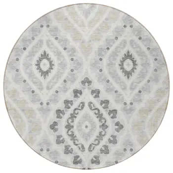 8' Silver Gray And Ivory Round Floral Washable Indoor Outdoor Area Rug