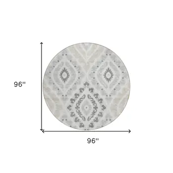 8' Silver Gray And Ivory Round Floral Washable Indoor Outdoor Area Rug