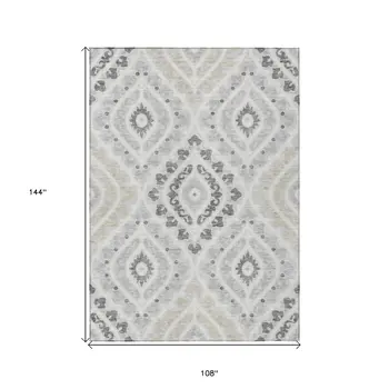 9' X 12' Silver Gray And Ivory Floral Washable Indoor Outdoor Area Rug
