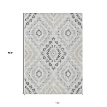 10' X 14' Silver Gray And Ivory Floral Washable Indoor Outdoor Area Rug