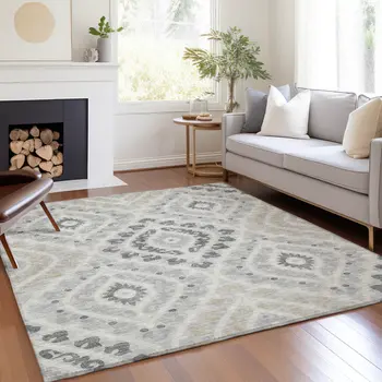 10' X 14' Silver Gray And Ivory Floral Washable Indoor Outdoor Area Rug