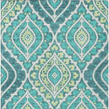 3' X 5' Teal Blue Ivory And Artichoke Green Floral Washable Indoor Outdoor Area Rug