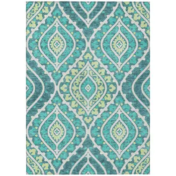 3' X 5' Teal Blue Ivory And Artichoke Green Floral Washable Indoor Outdoor Area Rug