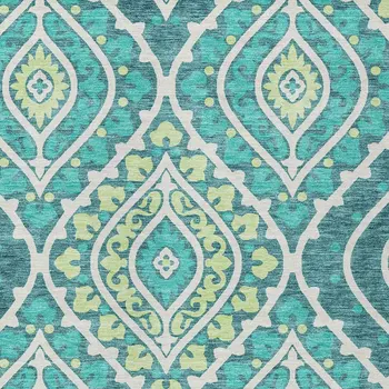 3' X 5' Teal Blue Ivory And Artichoke Green Floral Washable Indoor Outdoor Area Rug