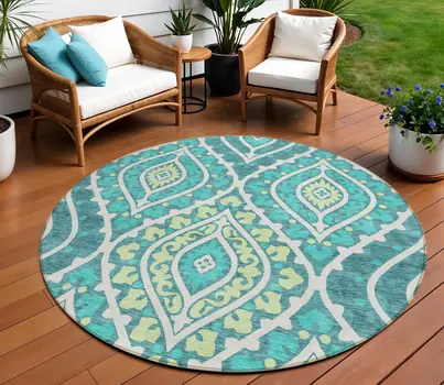 8' Teal Blue Ivory And Artichoke Green Round Floral Washable Indoor Outdoor Area Rug