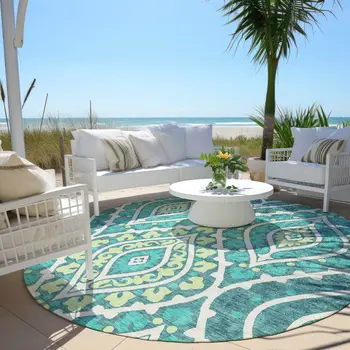 8' Teal Blue Ivory And Artichoke Green Round Floral Washable Indoor Outdoor Area Rug