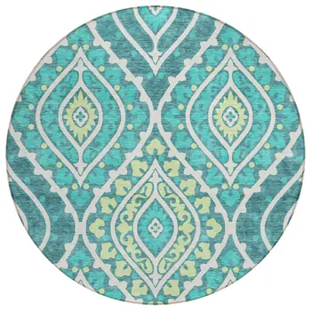 8' Teal Blue Ivory And Artichoke Green Round Floral Washable Indoor Outdoor Area Rug