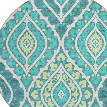 8' Teal Blue Ivory And Artichoke Green Round Floral Washable Indoor Outdoor Area Rug