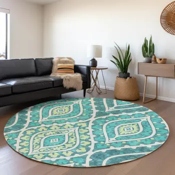 8' Teal Blue Ivory And Artichoke Green Round Floral Washable Indoor Outdoor Area Rug
