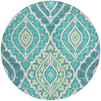 8' Teal Blue Ivory And Artichoke Green Round Floral Washable Indoor Outdoor Area Rug