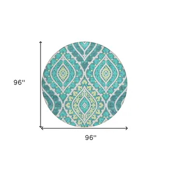 8' Teal Blue Ivory And Artichoke Green Round Floral Washable Indoor Outdoor Area Rug