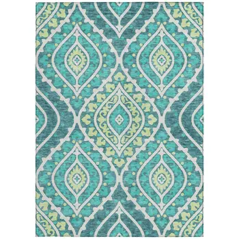 8' X 10' Teal Blue Ivory And Artichoke Green Floral Washable Indoor Outdoor Area Rug