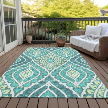 9' X 12' Teal Blue Ivory And Artichoke Green Floral Washable Indoor Outdoor Area Rug