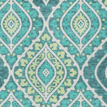 9' X 12' Teal Blue Ivory And Artichoke Green Floral Washable Indoor Outdoor Area Rug