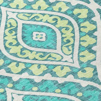 9' X 12' Teal Blue Ivory And Artichoke Green Floral Washable Indoor Outdoor Area Rug