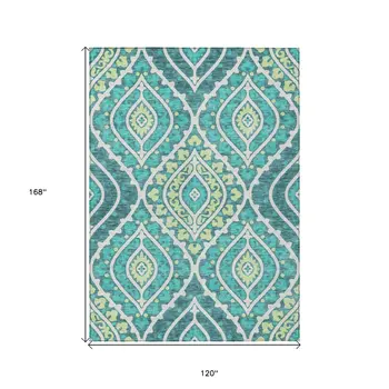 10' X 14' Teal Blue Ivory And Artichoke Green Floral Washable Indoor Outdoor Area Rug