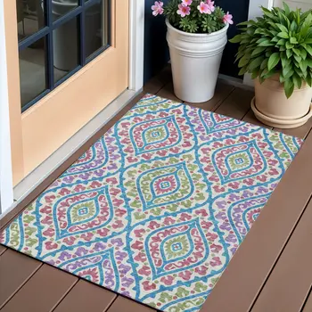 3' X 5' White Artichoke Green And Purple Floral Washable Indoor Outdoor Area Rug