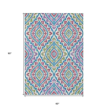 5' X 8' White Artichoke Green And Purple Floral Washable Indoor Outdoor Area Rug