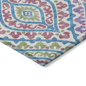 5' X 8' White Artichoke Green And Purple Floral Washable Indoor Outdoor Area Rug