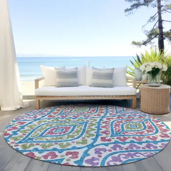 8' White Artichoke Green And Purple Round Floral Washable Indoor Outdoor Area Rug