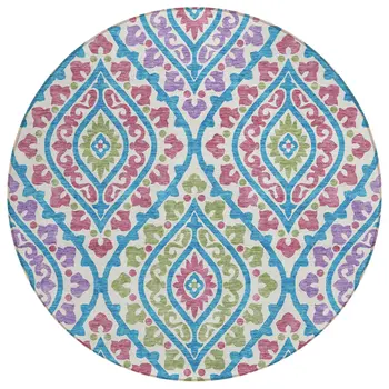 8' White Artichoke Green And Purple Round Floral Washable Indoor Outdoor Area Rug