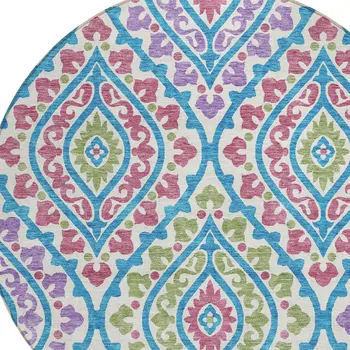 8' White Artichoke Green And Purple Round Floral Washable Indoor Outdoor Area Rug