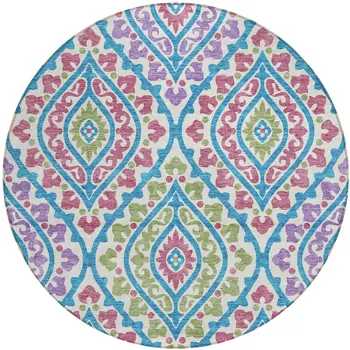 8' White Artichoke Green And Purple Round Floral Washable Indoor Outdoor Area Rug