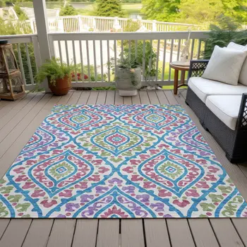 9' X 12' White Artichoke Green And Purple Floral Washable Indoor Outdoor Area Rug