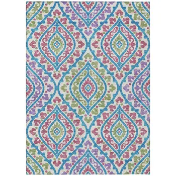 9' X 12' White Artichoke Green And Purple Floral Washable Indoor Outdoor Area Rug