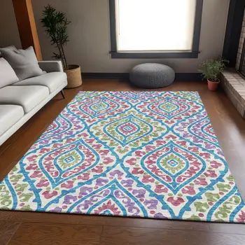 9' X 12' White Artichoke Green And Purple Floral Washable Indoor Outdoor Area Rug