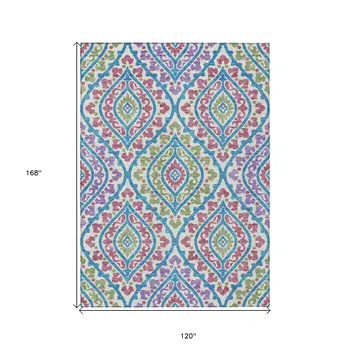 10' X 14' White Artichoke Green And Purple Floral Washable Indoor Outdoor Area Rug