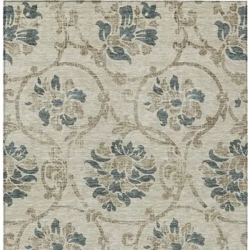 5' X 8' Beige Tan And Blue Floral Washable Indoor Outdoor Area Rug