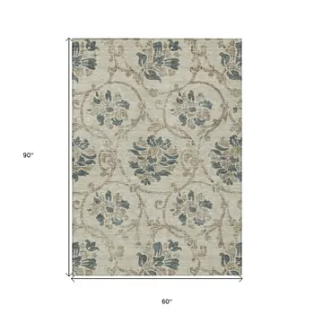 5' X 8' Beige Tan And Blue Floral Washable Indoor Outdoor Area Rug