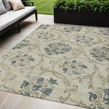 5' X 8' Beige Tan And Blue Floral Washable Indoor Outdoor Area Rug