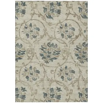5' X 8' Beige Tan And Blue Floral Washable Indoor Outdoor Area Rug