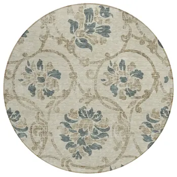 8' Beige Tan And Blue Round Floral Washable Indoor Outdoor Area Rug