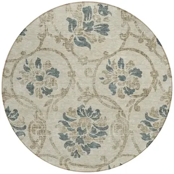 8' Beige Tan And Blue Round Floral Washable Indoor Outdoor Area Rug