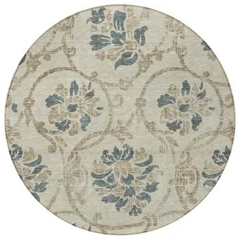 8' Beige Tan And Blue Round Floral Washable Indoor Outdoor Area Rug