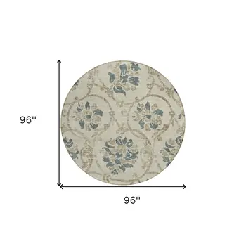 8' Beige Tan And Blue Round Floral Washable Indoor Outdoor Area Rug