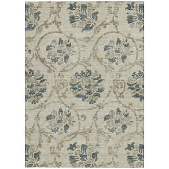 8' X 10' Beige Tan And Blue Floral Washable Indoor Outdoor Area Rug