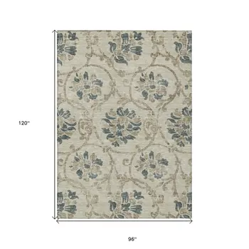 8' X 10' Beige Tan And Blue Floral Washable Indoor Outdoor Area Rug