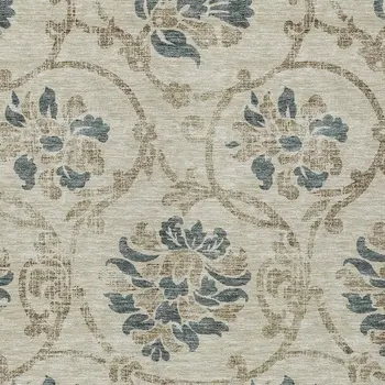 9' X 12' Beige Tan And Blue Floral Washable Indoor Outdoor Area Rug