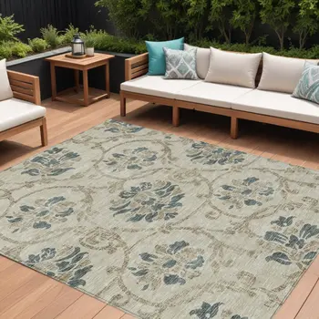 10' X 14' Beige Tan And Blue Floral Washable Indoor Outdoor Area Rug