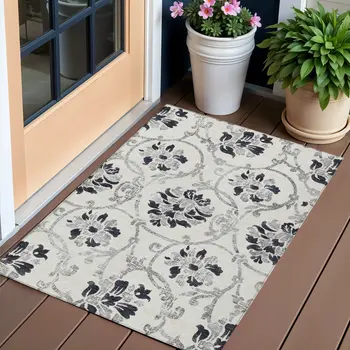 3' X 5' Black Silver And Charcoal Floral Washable Indoor Outdoor Area Rug