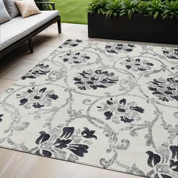 5' X 8' Black Silver And Charcoal Floral Washable Indoor Outdoor Area Rug