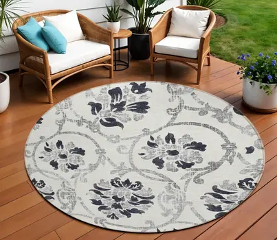 8' Black Silver And Charcoal Round Floral Washable Indoor Outdoor Area Rug