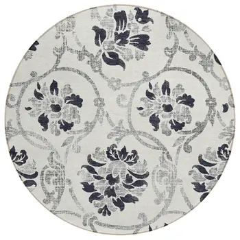 8' Black Silver And Charcoal Round Floral Washable Indoor Outdoor Area Rug