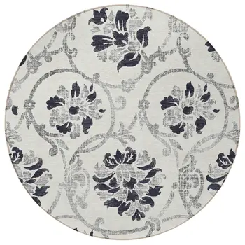 8' Black Silver And Charcoal Round Floral Washable Indoor Outdoor Area Rug