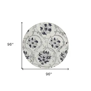 8' Black Silver And Charcoal Round Floral Washable Indoor Outdoor Area Rug